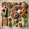 Minimalistisches Stillleben mit gesunden Lebensmitteln wie Nüssen, Gemüse, Samen und Vollkornprodukten