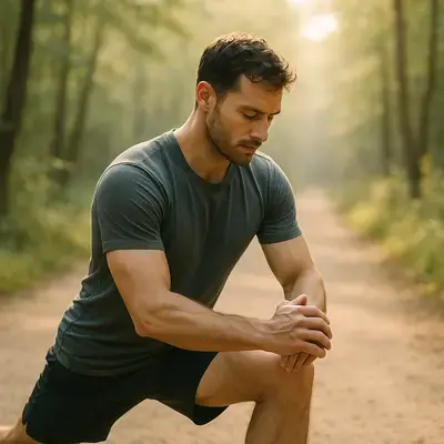 Kraft und Balance – Chrom unterstützt den Muskelstoffwechsel von innen Natürlich sportlicher Mann beim Stretching oder Training im Freien – Symbol für innere Kraft und Vitalität
