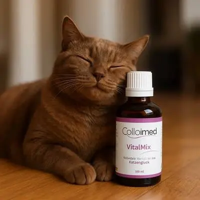 Zufriedene Katze schmiegt sich an Flasche VitalMix Kolloidmischung
