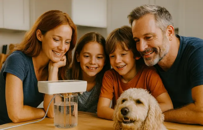 Familie mit Hund beobachtet Kolloidproduktion am Küchentisch